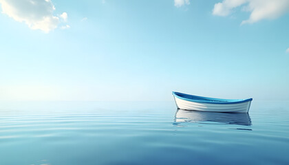 Fototapeta premium A tranquil boat floats on the calm water reflecting the clear blue sky on a sunny day.