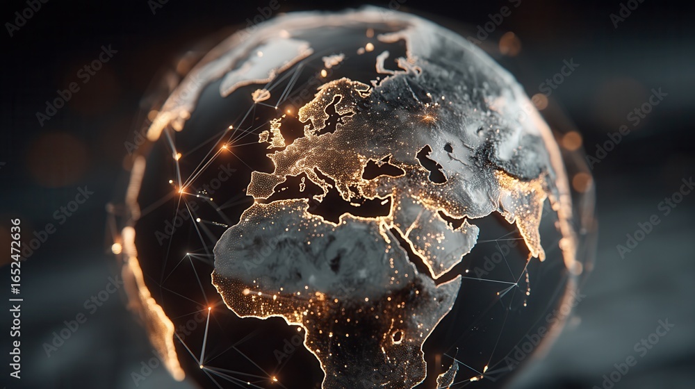 Poster nature conservation concept. glowing globe with interconnected networks and continents illuminated.