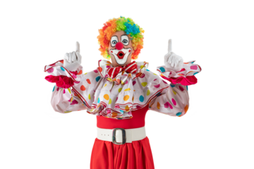 Surprised clown pointing up at blank template copy spase for advertising, posters, greetings, invitations. Entertainer as Joker in a suit and wig, with clown whiteface makeup.