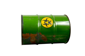Barrel with toxic waste. Biohazard warning sign. Rusty dangerous barrel with pathogens, or other toxins on isolated background