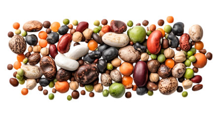 A set of beans in various colors and shapes isolated on a transparent background