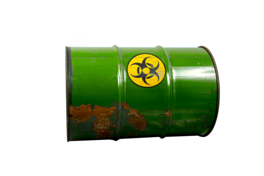 Barrel with toxic waste. Biohazard warning sign. Rusty dangerous barrel with pathogens, or other toxins on isolated background