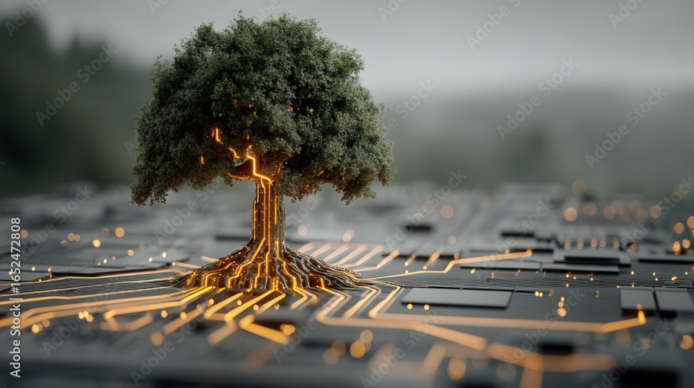 Poster nature conservation concept. tree integrated with circuit patterns symbolizing technology and nature