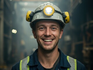 A smiling male worker in a hard hat with a bright headlamp and ear protectors, wearing a blue uniform with reflective stripes, in an industrial setting