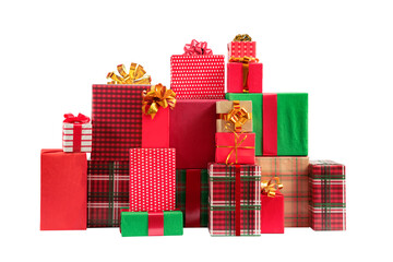 Christmas, New Year gift boxes for holidays promotions. Red and green wrappers, lush bows on...
