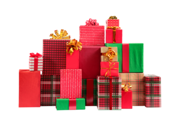 Christmas, New Year gift boxes for holidays promotions. Red and green wrappers, lush bows on isolated background.