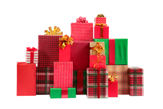 Christmas, New Year gift boxes for holidays promotions. Red and green wrappers, lush bows on isolated background.