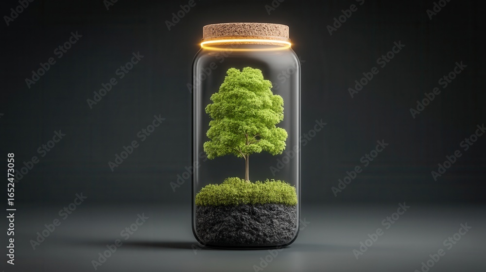 Poster nature conservation concept. a small tree inside a transparent jar on a dark background.