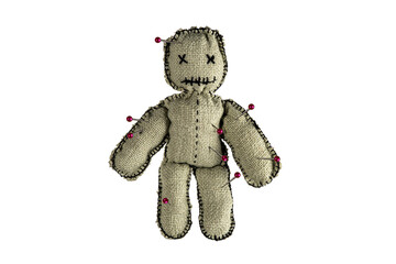 Homemade voodoo doll on isolated background. Magic toy for Halloween ritual, spells, revenge