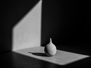A stark black and white image features a spherical vase bathed in a sharp, geometric beam of light, creating striking contrasts and shadows.
