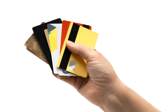 Hand holding many different plastic credit cards. The concept of bank accounts, transaction