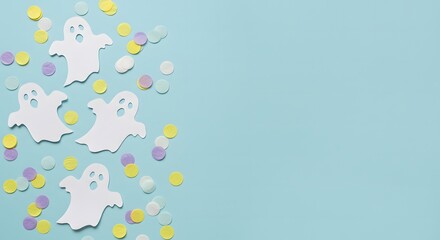 Obraz premium Three white ghost figures and colorful confetti scattered on a light blue background, creating a festive scene.