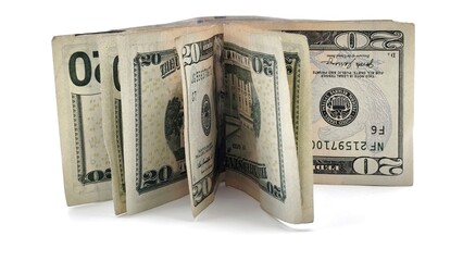 Photo of an arranged stack of US currency featuring twenty-dollar bills standing upright,...