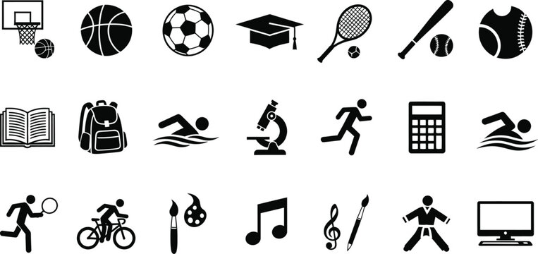 A collection of black and icons representing various school, sports, and hobby related activities