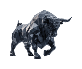 Dynamic black bull sculpture digital environment modern design isolated on transparent background, png