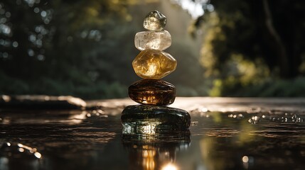 A perfectly balanced tower of translucent quartz stones shimmering with refracted sunlight, standing in the middle of a shallow reflective pond.