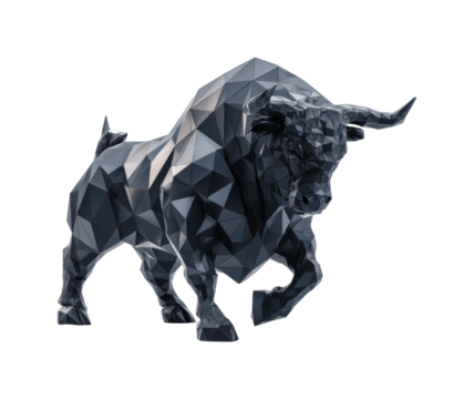 Dynamic black bull sculpture digital environment modern design isolated on transparent background, png