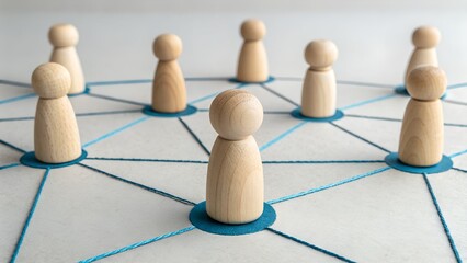 Teamwork and Network Concept – Wooden Peg Figures Connected by Blue Lines, Collaboration, Social Structure, Interpersonal Communication