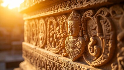 Fototapeta premium Beautiful ancient stone carving details, featuring intricately decorated statues of deities or spiritual figures, illuminated by warm golden sunlight, create a mystical and sacred atmosphere