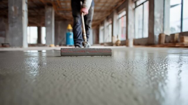 Worker smoothing fresh concrete floor