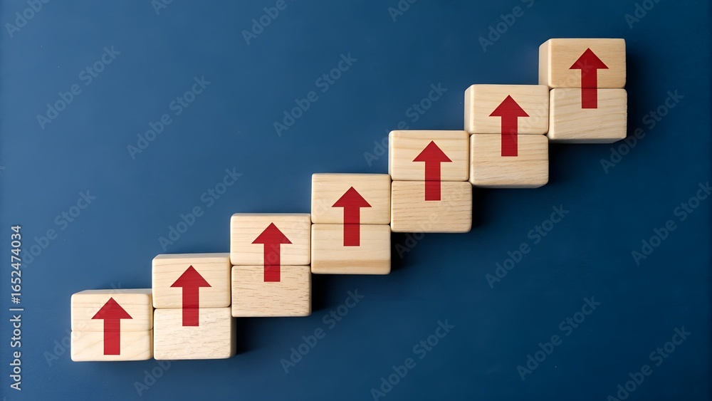 Poster seven wooden blocks in a diagonal line with red arrows pointing upward on blue background – business