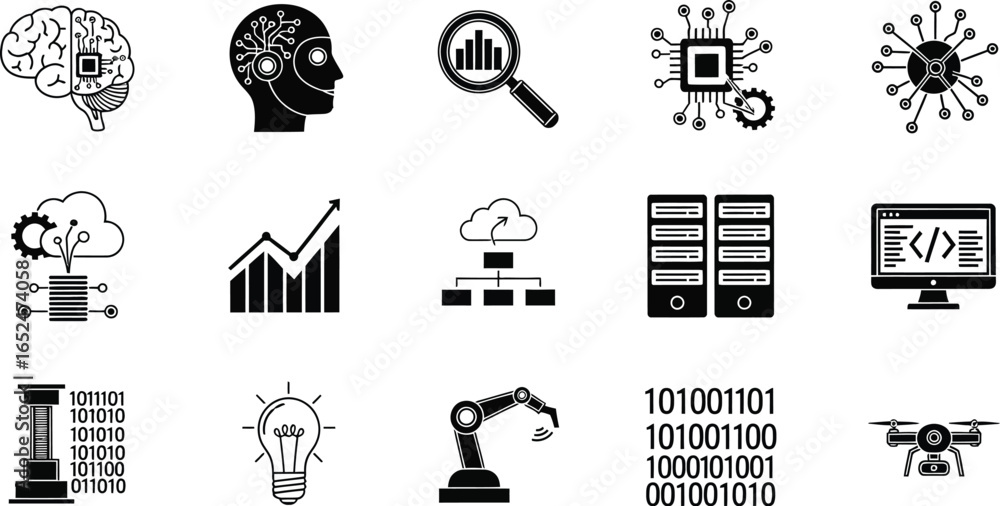 Poster set of artificial intelligence icons, including data science, machine learning, technology, brain, r