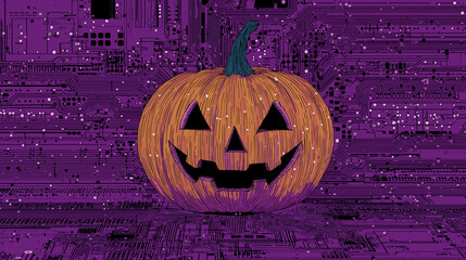 A glowing Halloween orange pumpkin Jack-O’-Lantern designed in a futuristic digital technology style on purple background