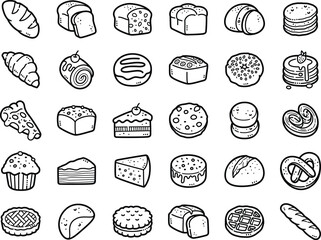Cake and bakery hand-drawn doodle art illustrations and elements - such as choco chips cookie, bread, pizza and croissant.