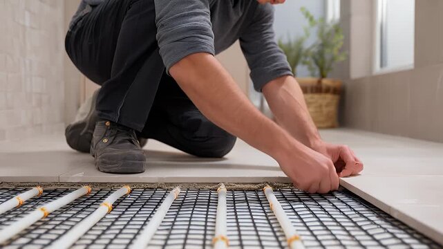 Underfloor heating, worker laying electric mats before tile installation