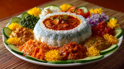 A plate featuring concentric rice rings of varying heights filled alternately with mild and spicy curry, surrounded by thinly sliced vegetables