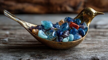 A polished metal spoon bent into the shape of a bird's beak feeding from a glass bowl of glistening gemstones, set on a rustic wooden table with natural textures.