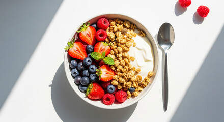 Healthy Breakfast: A Vibrant and Nutritious Bowl with Yogurt, Granola, and Fresh Fruit.