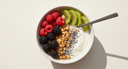 Healthy Breakfast: A Vibrant and Nutritious Bowl with Yogurt, Granola, and Fresh Fruit.