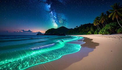 Obraz premium The dark night sky is dotted with sparkling stars and the Milky Way is clearly visible, creating a magical atmosphere
