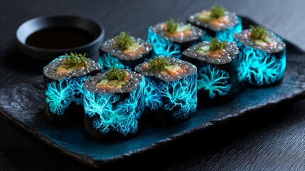 A platter of sushi rolls shaped like blooming coral reefs, each piece glowing with natural bioluminescent patterns under clear daylight, set on a polished black stone table.