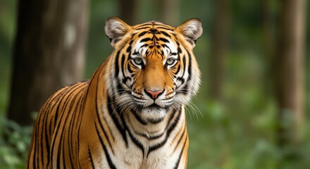 Fototapeta premium Enigmatic gaze of a Bengal tiger within the lush forest setting