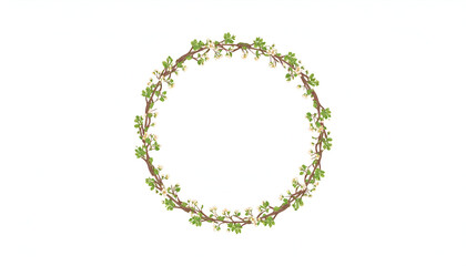 Obraz premium A circular floral wreath composed of delicate branches, leaves, and tiny white blossoms, isolated on white background.