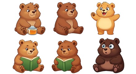 Adorable Cartoon Bears Collection: Reading, Playing, and Enjoying Honey