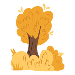 Autumn tree with yellow and orange foliage and bushes. Perfect for seasonal designs, nature themes, kids’ illustrations, and backgrounds. 