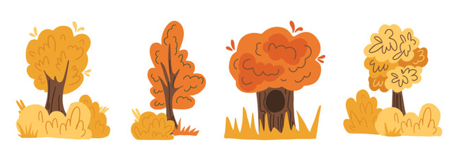 Set autumn tree with yellow and orange foliage and bushes. Perfect for seasonal designs, nature themes, kids’ illustrations, and backgrounds. 