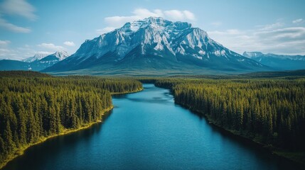 Majestic mountain range, serene lake, and dense forest