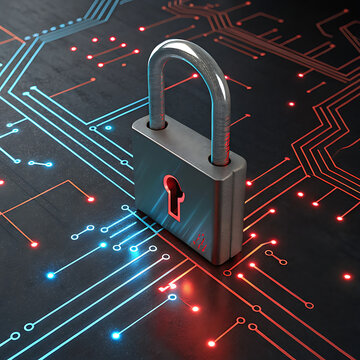 A computer circuit board with binary code and a lock represents a digital data security concept