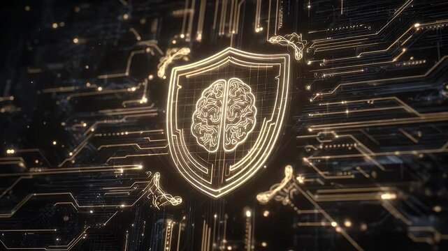 machine learning context digital brain protected by floating shield icons and stream of secured protocols - Powered by Adobe
