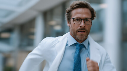Fototapeta premium Doctor responding to patient code blue alert in hospital hallway