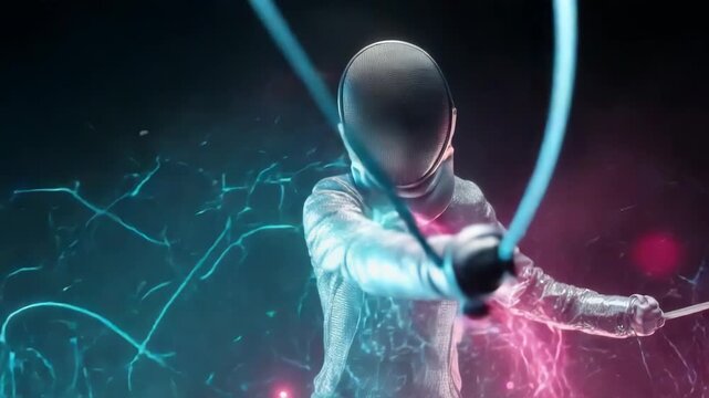 Fencer with futuristic light streaks in a dynamic pose, showcasing athletic prowess