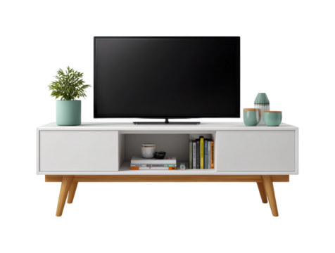 Modern living room setup with tv stylish furniture cozy atmosphere isolated on transparent background, png