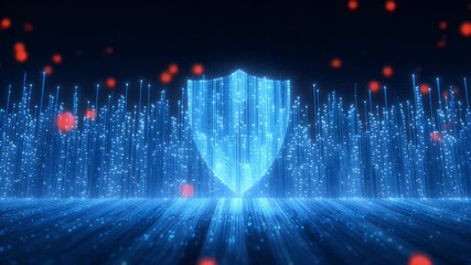 stylized blue firewall, abstract wall made of glowing circuit lines blocking incoming threat signals - Powered by Adobe