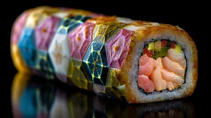 A single oversized sushi roll sliced to reveal a mosaic of intricate geometric patterns made from fish, vegetables, and rice.