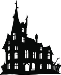 Obraz premium Black silhouette of a spooky haunted house with tall spires and multiple windows