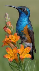 Fototapeta premium Sunbird perched on orange flower stem